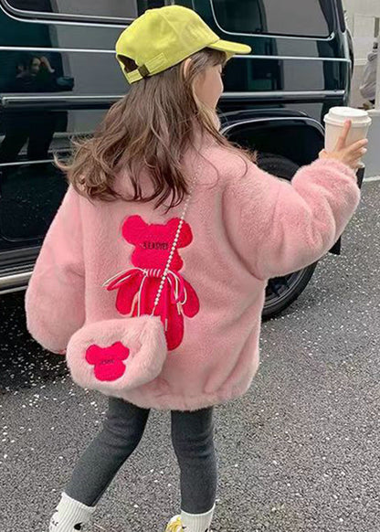 Pink Zip Up Pockets Patchwork Warm Fleece Coats Stand Collar Long Sleeve