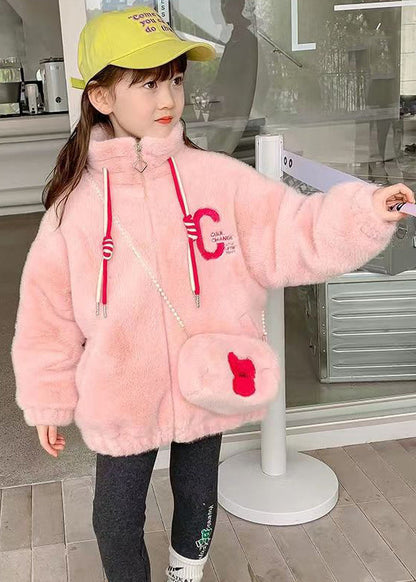 Pink Zip Up Pockets Patchwork Warm Fleece Coats Stand Collar Long Sleeve