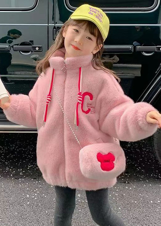 Pink Zip Up Pockets Patchwork Warm Fleece Coats Stand Collar Long Sleeve