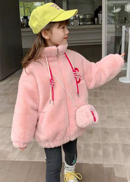 Pink Zip Up Pockets Patchwork Warm Fleece Coats Stand Collar Long Sleeve