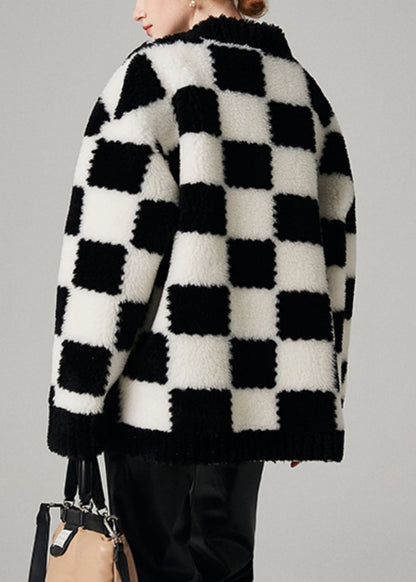 Plaid Black V Neck Button Pockets Woolen Coat Winter