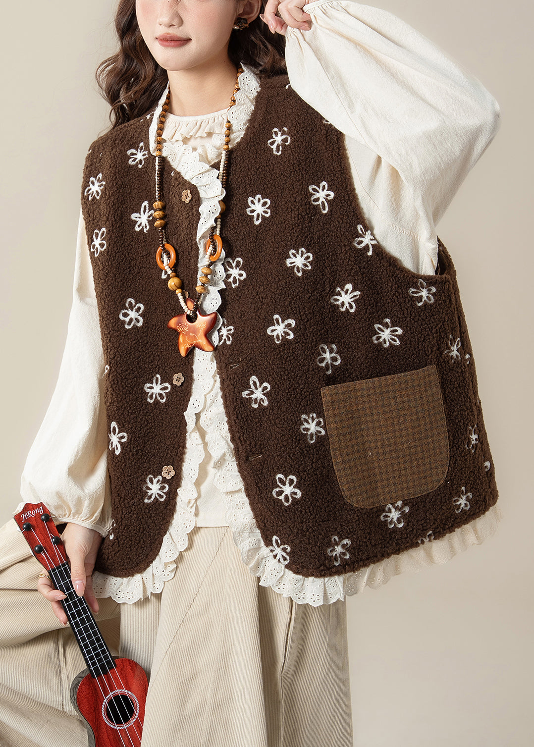 Plaid Coffee Lace Patchwork Wear on Both Sides Teddy Faux Fur Waistcoat Sleeveless