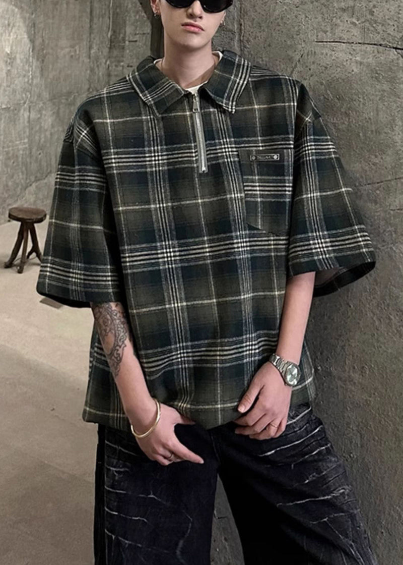 Plaid Green Zippered Cotton Pullover Shirt Half Sleeve