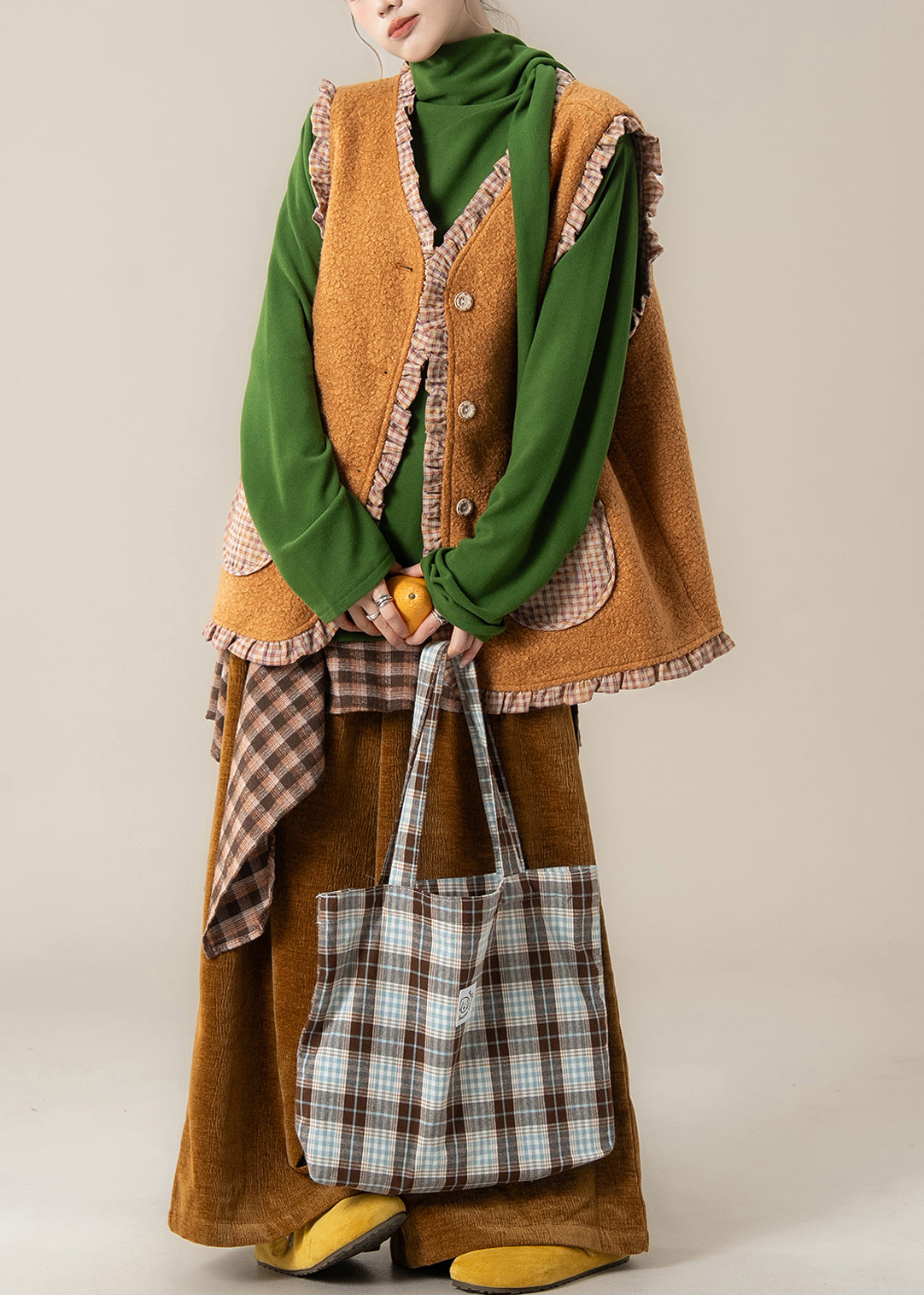 Plaid Orange Ruffled Wear on Both Sides Teddy Waistcoat and Pants Two Pieces Set Spring