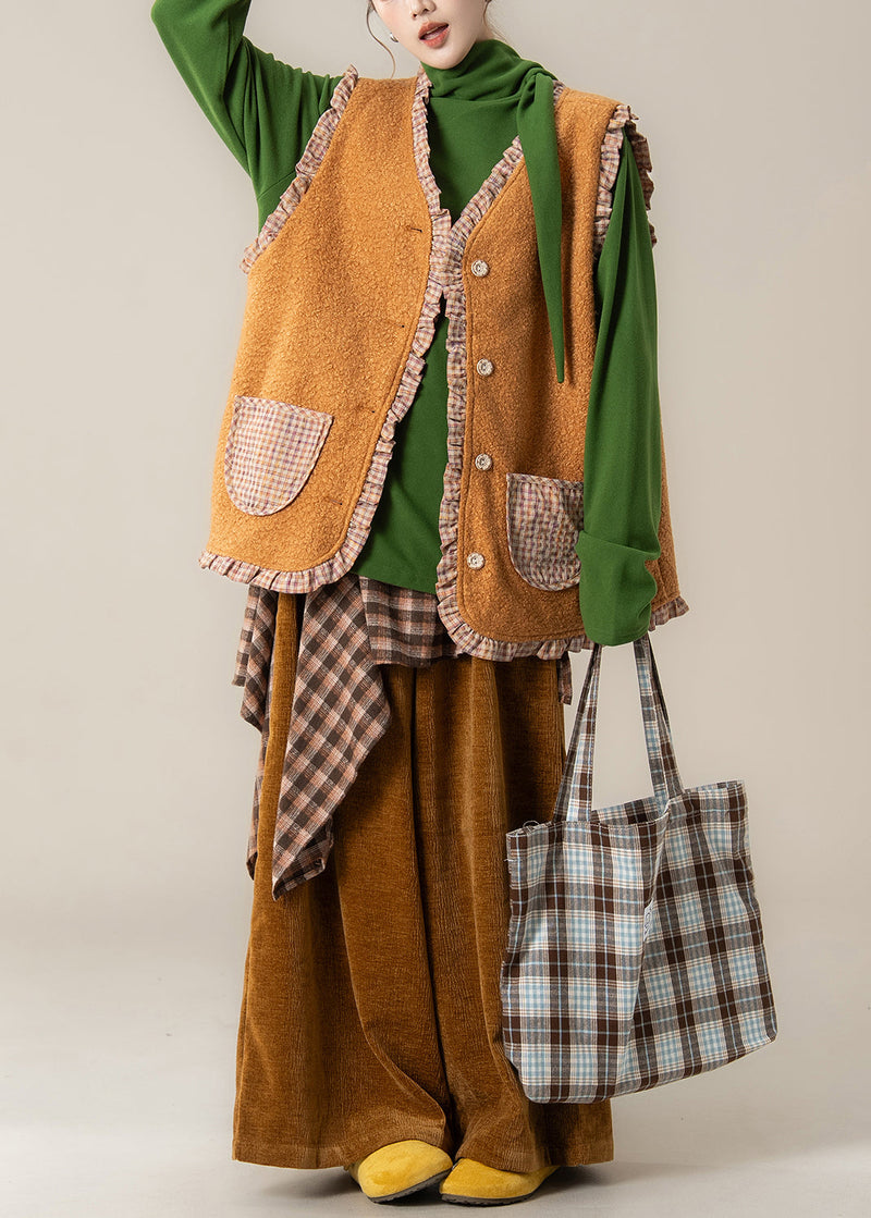 Plaid Orange Ruffled Wear on Both Sides Teddy Waistcoat and Pants Two Pieces Set Spring
