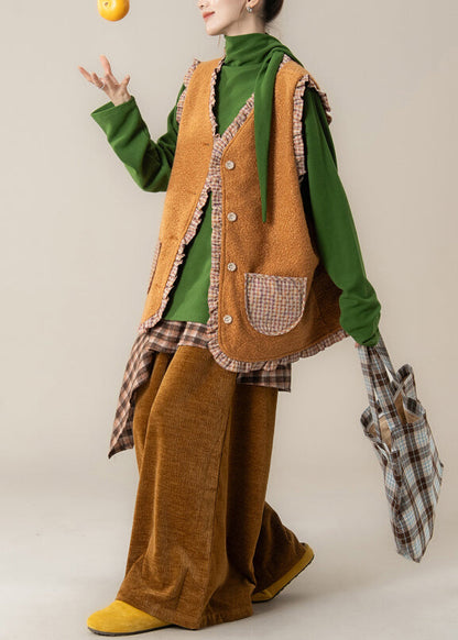 Plaid Orange Ruffled Wear on Both Sides Teddy Waistcoat and Pants Two Pieces Set Spring