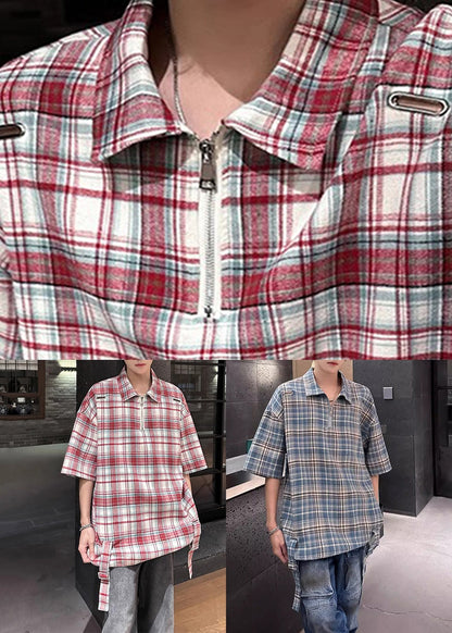 Plaid Red Zip Up Oversized Cotton Shirts Half Sleeve