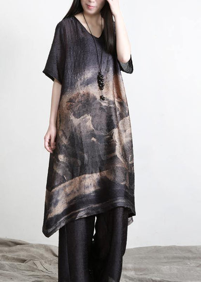 Pleated Silk Suit Medium Length Shirt + Wide Leg Pants Summer