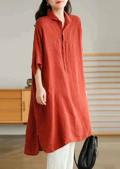 Jade Red Flower Linen Linen Shirt Dress