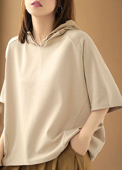 Apricot Hooded Drawstring Cotton Sweatshirts Top Summer
