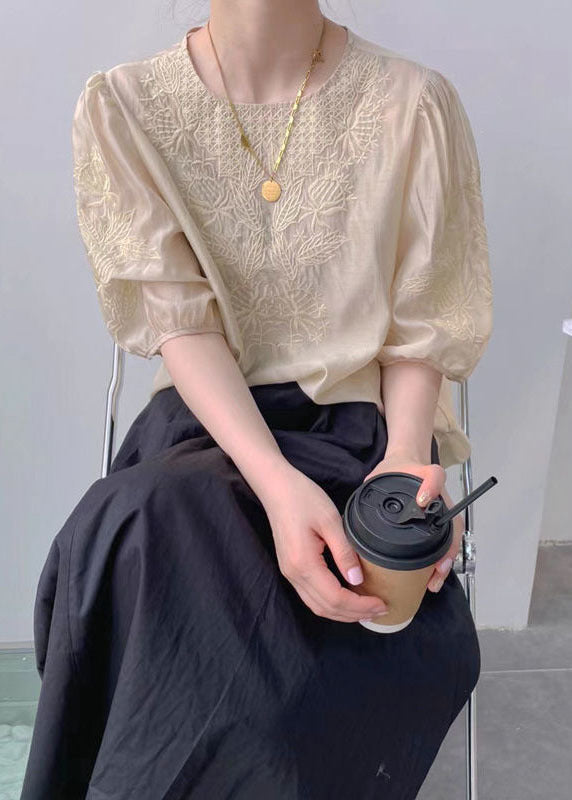 Apricot O-neck Embroideried Silk Blouse Top Half Sleeve