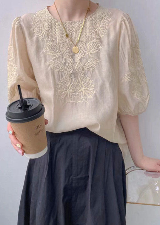 Apricot O-neck Embroideried Silk Blouse Top Half Sleeve