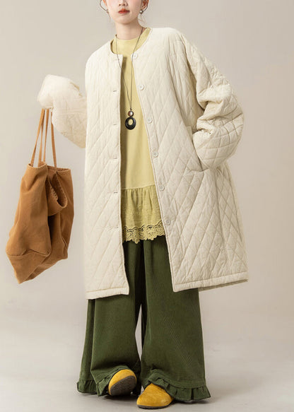 Apricot O Neck Plaid Pockets Cotton Filled Parka Winter