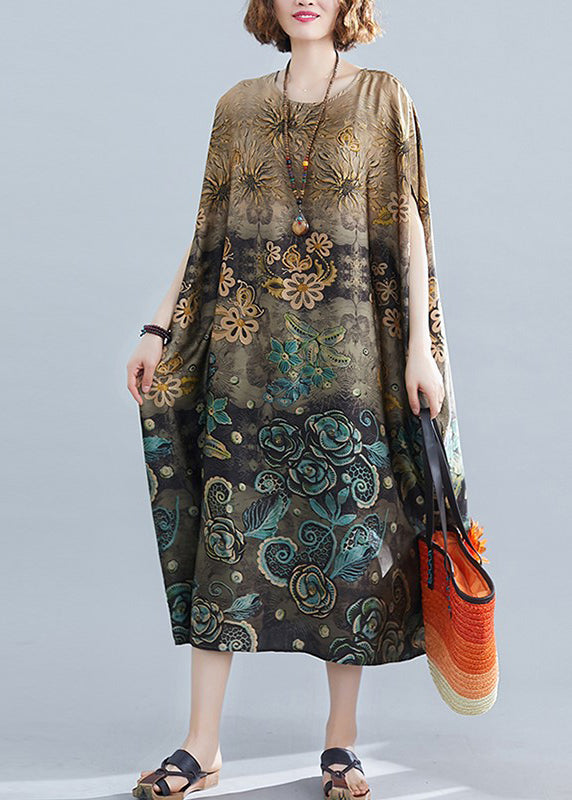 Apricot O-neck Print Silk Long Dress Batwing Sleeve