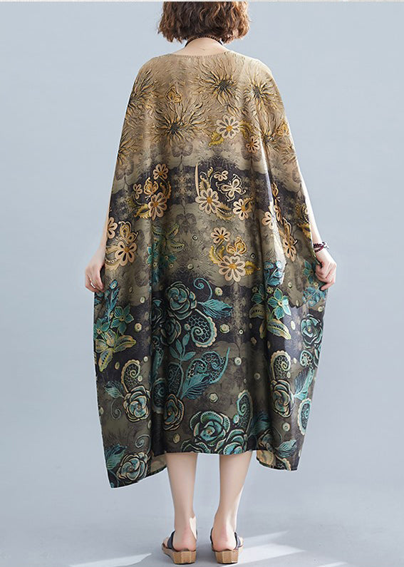Apricot O-neck Print Silk Long Dress Batwing Sleeve