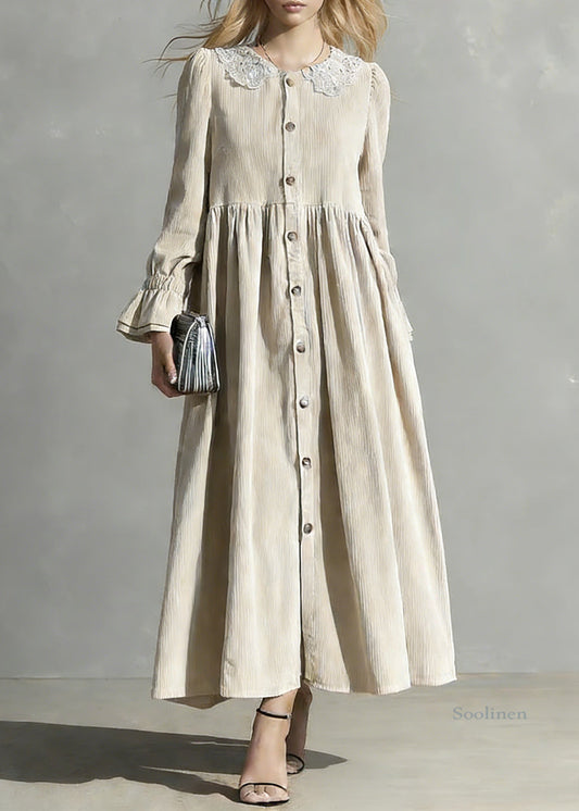 Apricot Peter Pan Collar Button Corduroy Blouses Dresses Spring
