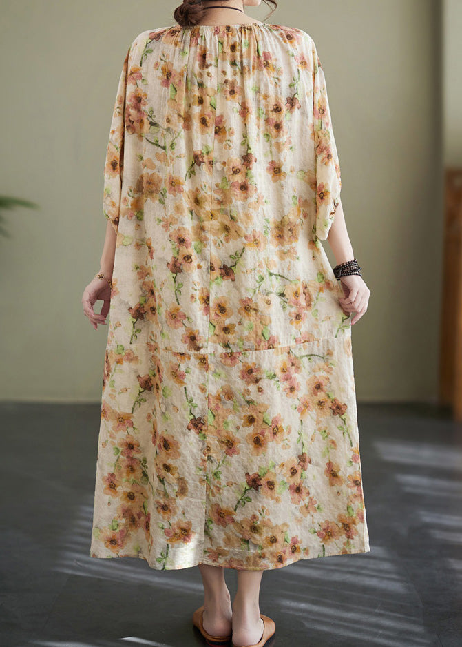 Apricot Print Wrinkled Robe Dress Summer