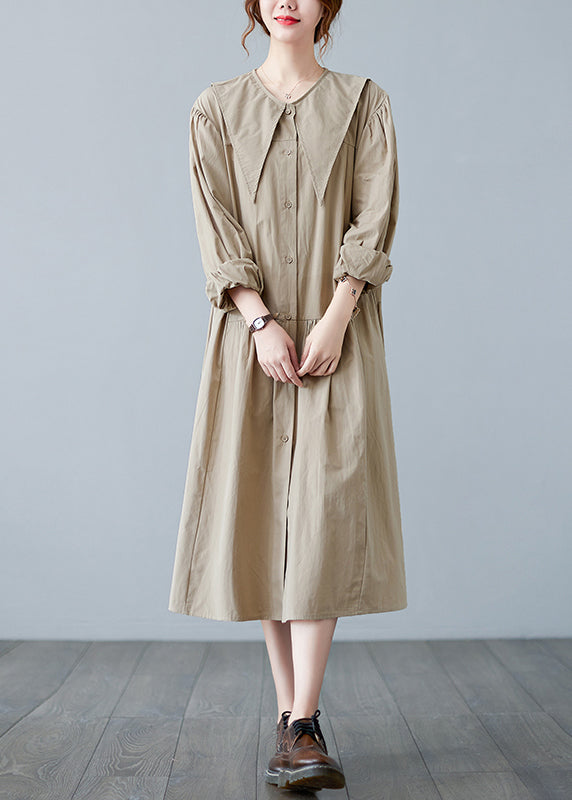 Apricot Sailor Collar Button Wrinkled Long Dress Long Sleeve