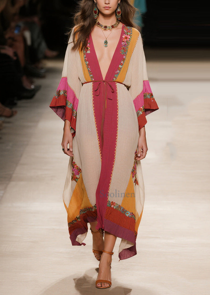 Apricot Tie Waist Print Cotton Robe Dresses Summer