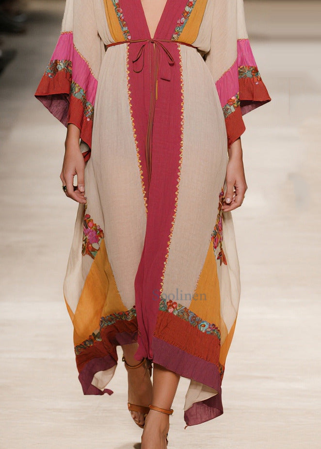 Apricot Tie Waist Print Cotton Robe Dresses Summer