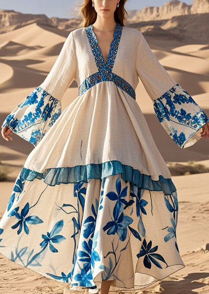 Apricot V Neck Patchwork Print Cotton Holiday Dress Spring