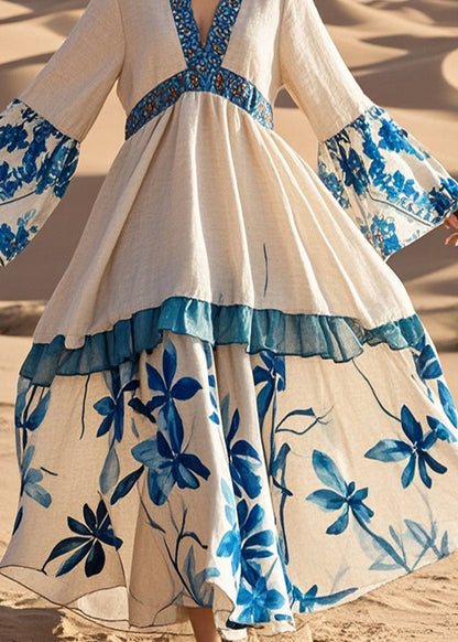 Apricot V Neck Patchwork Print Cotton Holiday Dress Spring
