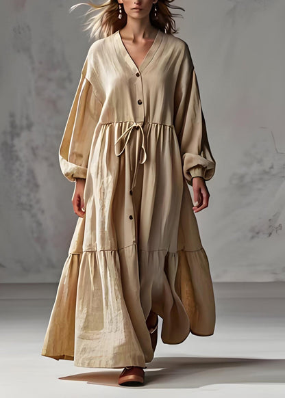 Apricot V Neck Wrinkled Patchwork Cotton Long Dress Lantern Sleeve