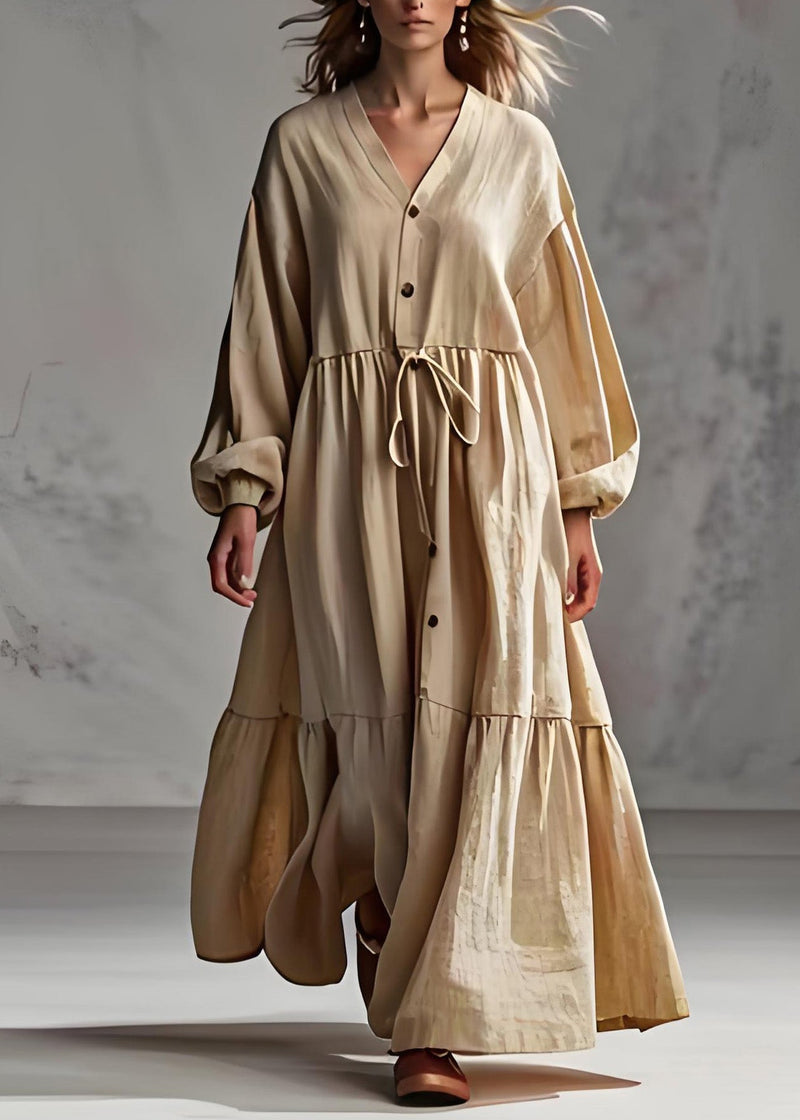 Apricot V Neck Wrinkled Patchwork Cotton Long Dress Lantern Sleeve