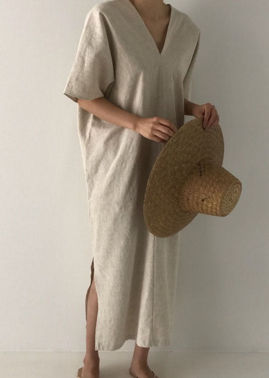 Apricot Side Open Linen Dress Short Sleeve