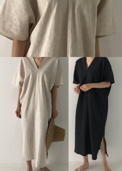 Apricot Side Open Linen Dress Short Sleeve