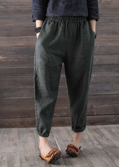 Army Green High Waist Patchwork Linen Crop Pants Summer