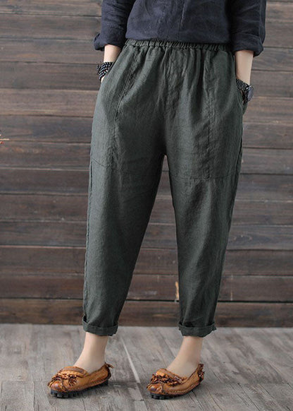 Army Green High Waist Patchwork Linen Crop Pants Summer