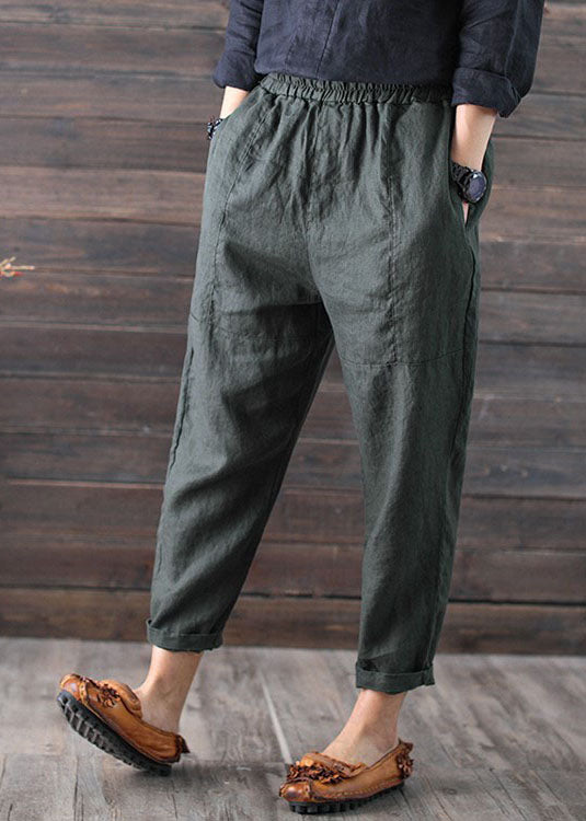 Army Green High Waist Patchwork Linen Crop Pants Summer
