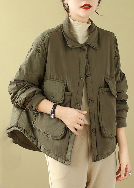 Army Green Peter Pan Collar Pockets Fine Cotton Filled Jacket Winter