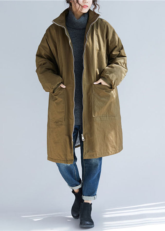 Army Green Stand Collar Pockets Parka Coats Long Sleeve