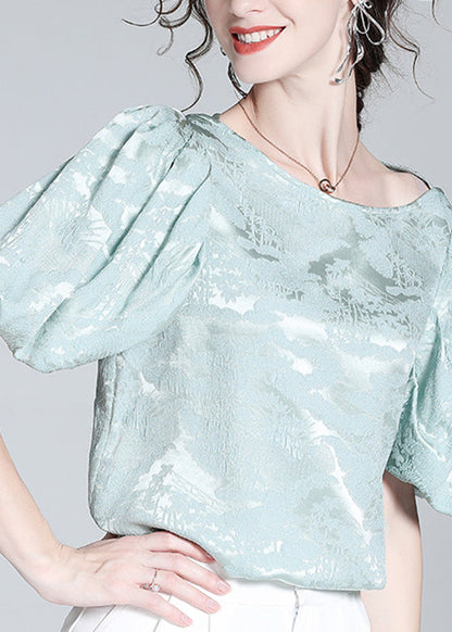Baby Blue O-neck Jacquard Silk Top Puff Sleeve