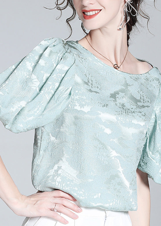 Baby Blue O-neck Jacquard Silk Top Puff Sleeve