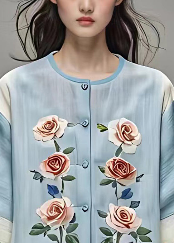 Baby Blue O-neck Print Shirts Bracelet Sleeve