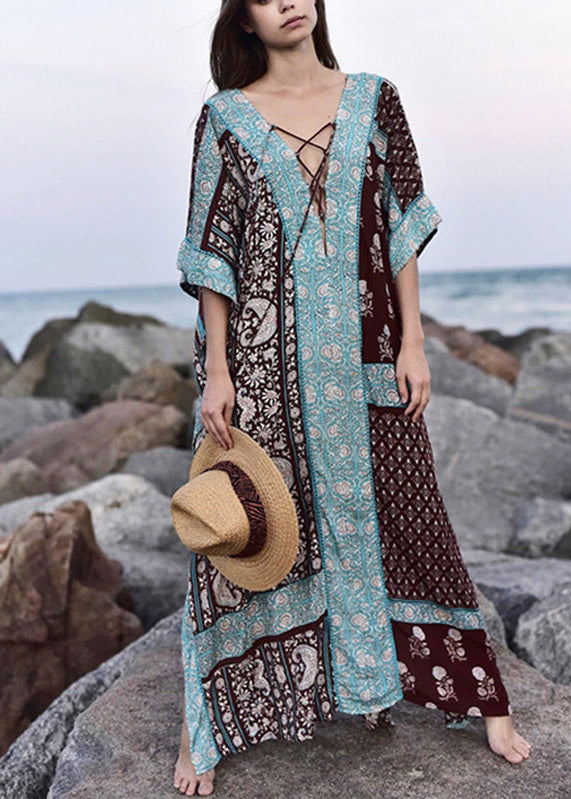 Baby Blue V Neck Print Side Open Maxi Holiday Dresses Short Sleeve