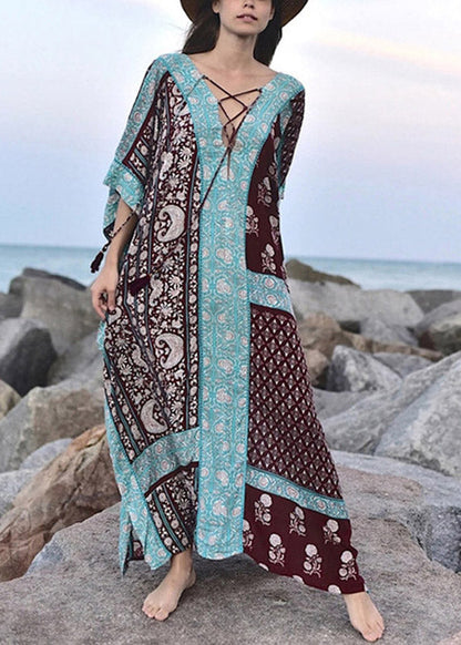 Baby Blue V Neck Print Side Open Maxi Holiday Dresses Short Sleeve