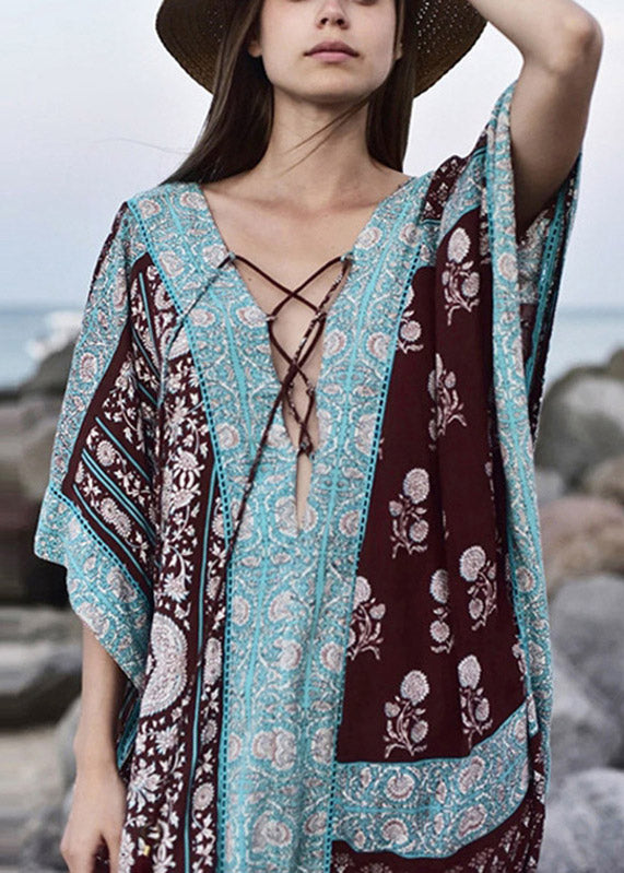 Baby Blue V Neck Print Side Open Maxi Holiday Dresses Short Sleeve