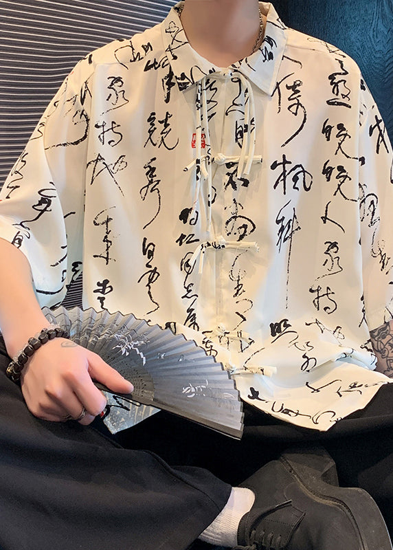 Beige Chinese Button Print Ice Silk Shirts Half Sleeve