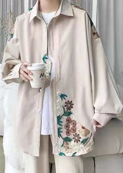 Beige Embroidered Button Cotton Neutral Coats Spring