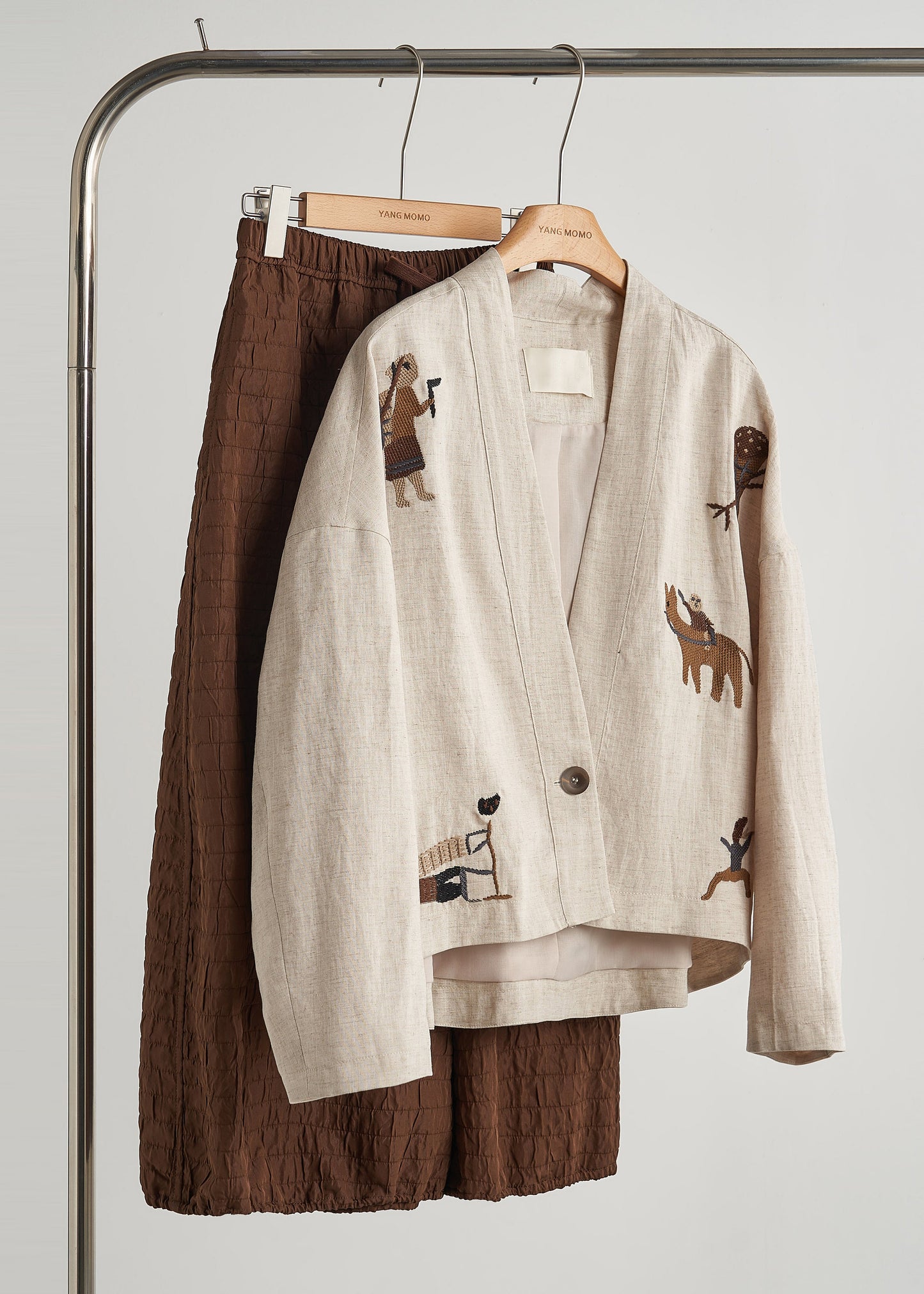 Beige Embroidered Oversized Linen Coat Spring