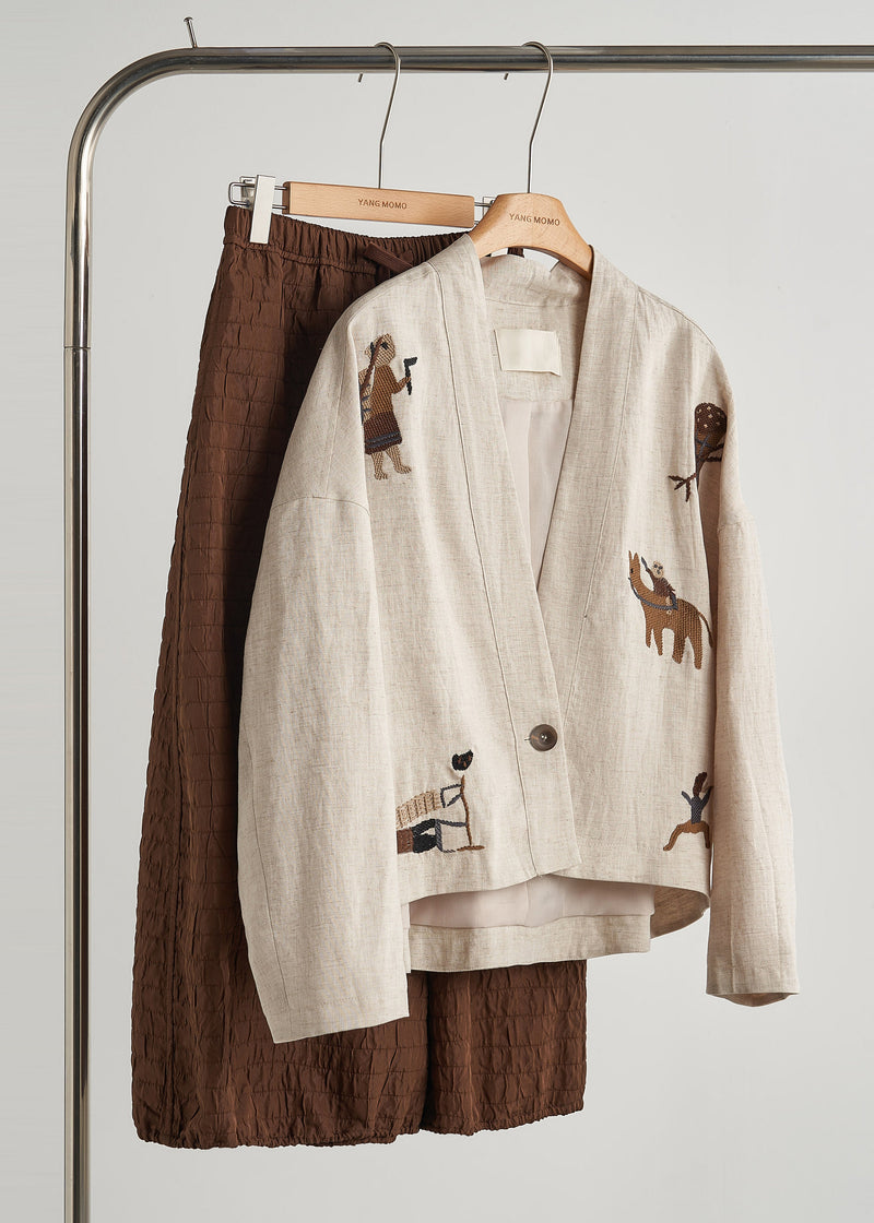 Beige Embroidered Oversized Linen Coat Spring