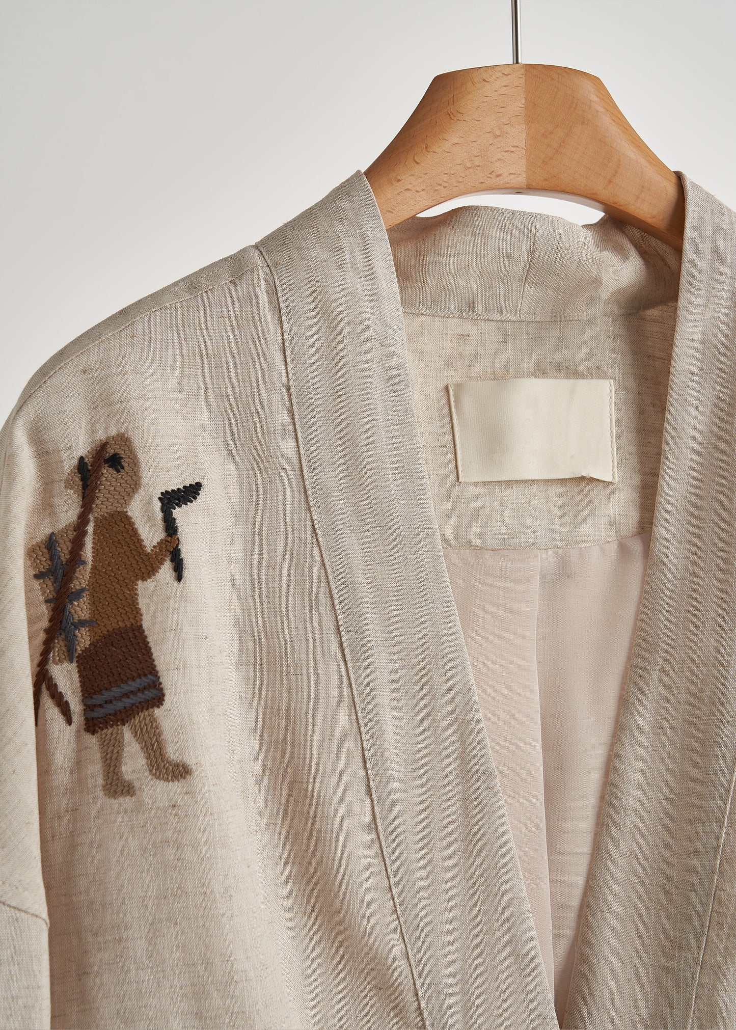 Beige Embroidered Oversized Linen Coat Spring