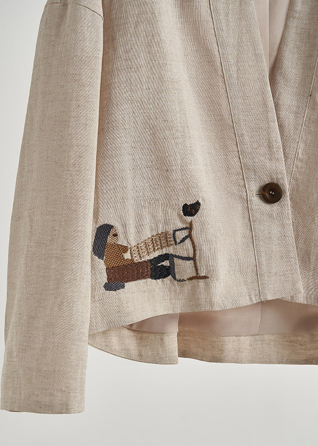 Beige Embroidered Oversized Linen Coat Spring