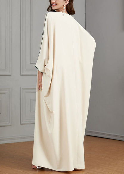Beige Printing Tasseled Cotton Dresses Batwing Sleeve