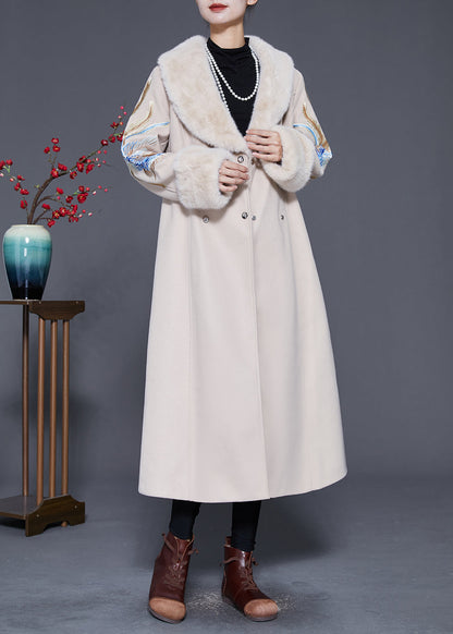 Beige Fur Collar Embroideried Double Breast Woolen Trench Winter