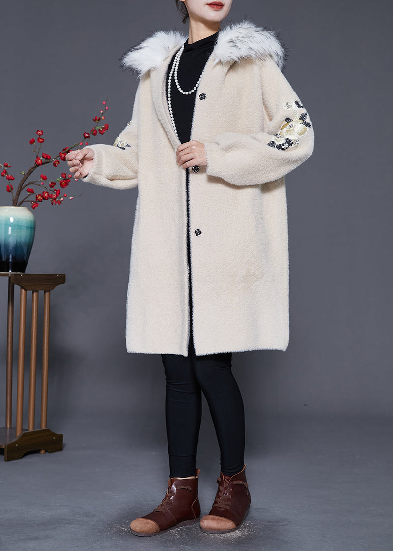 Beige Fur Collar Embroideried Faux Fur Trench Winter